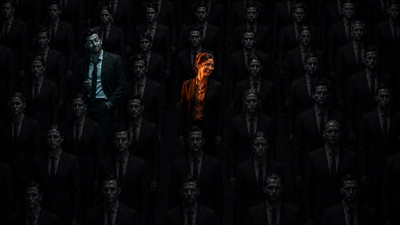A dense crowd of identical dark-suited figures rendered in shadow, with two people lit and distinct: a man in blue-green light and a woman in warm orange light
